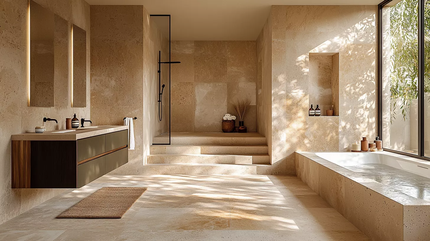 “حمام 2025 بدرجات تراكوتا وملمس طبيعي”